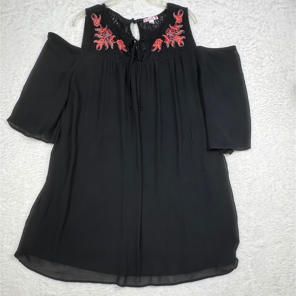 Free 2 Luv Cold Shoulder Blouse Women 1X Black Boho Lace Keyhole